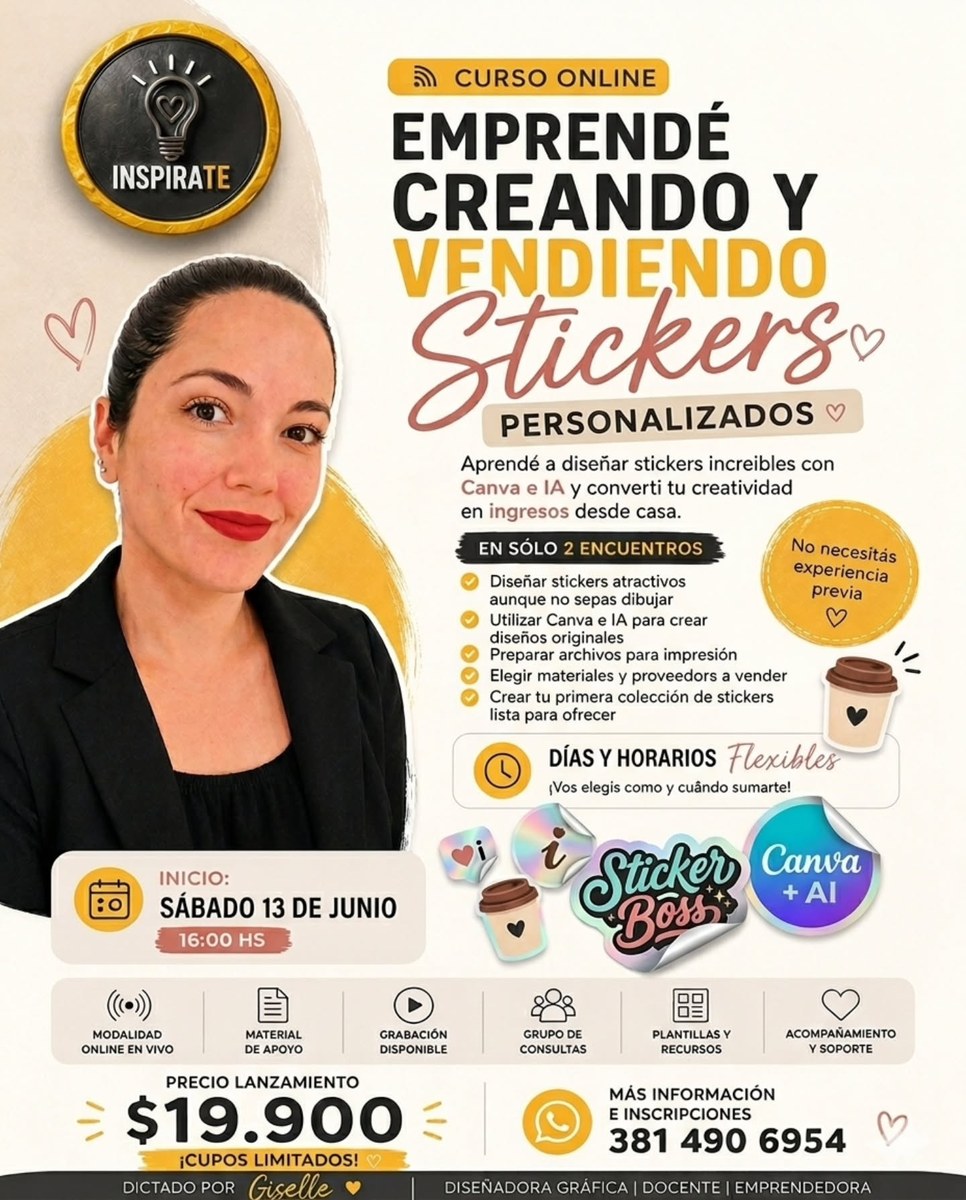 Pieza del curso "Emprendé creando y vendiendo stickers personalizados" de Inspirate, dictado por Giselle